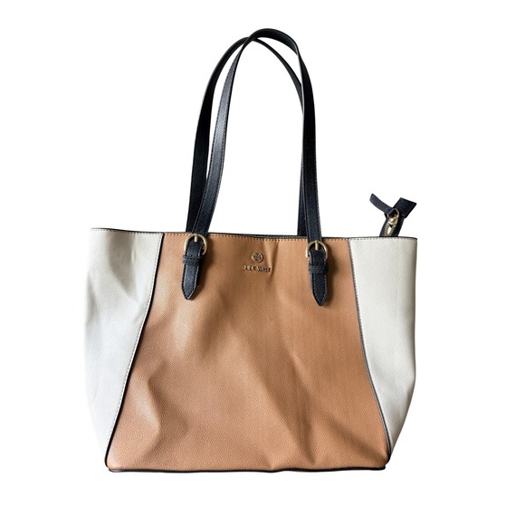Nine West Handbags - Nine West Tri-Tone Colorblock Tote Bag Tan Cream Black Gold Tone Zip Top Handbag